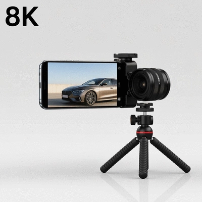 Modern smartphone with attached external lens and a mini tripod, set up to photograph a car, clean background, no text, no words, no typography, 8K
