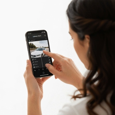 Person editing car photo on a mobile phone with Lightroom Mobile app interface visible, no text, no words, no typography, clean image