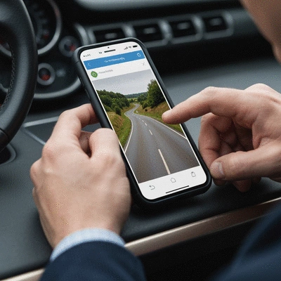Person using a smartphone app to plan car photography route on a map