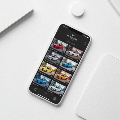 Mobile phone screen displaying car photography presets with various filter options
