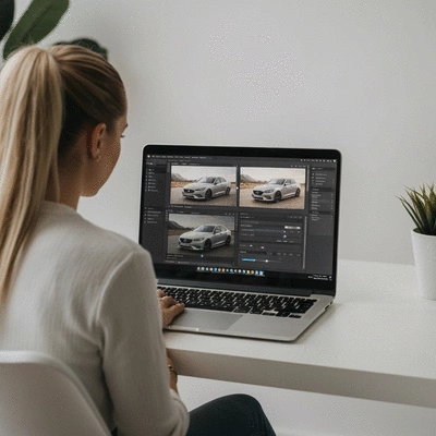 Photographer editing a car photo in Lightroom on a laptop, showing a split screen with before and after, focusing on mask adjustments.