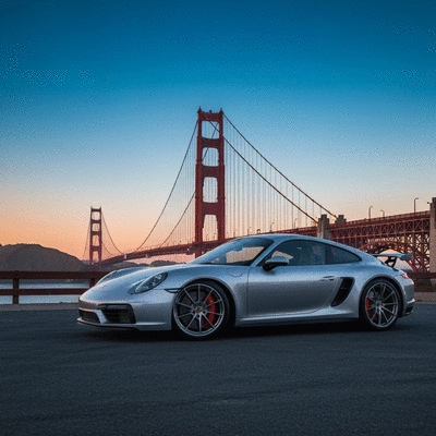 Sports car parked in front of the Golden Gate Bridge in San Francisco