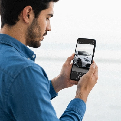 Person editing car photography on a mobile app with a sleek car on screen