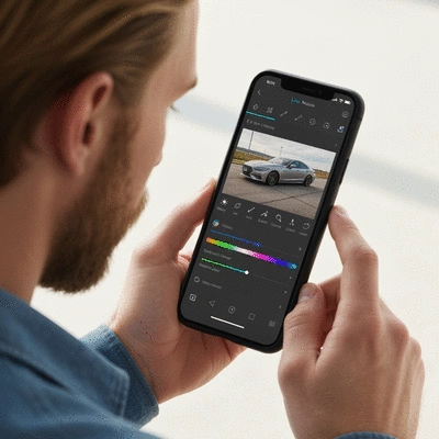 Person editing car photo on smartphone with Lightroom Mobile interface visible