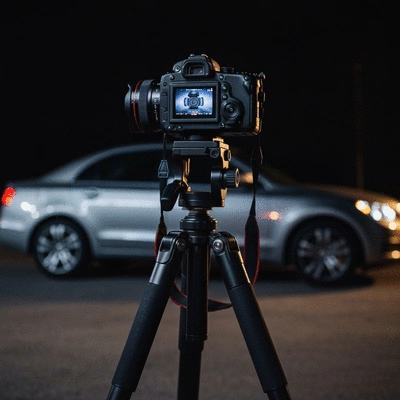 Professional camera on a tripod capturing a car at night