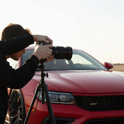 Professional car photographer adjusting camera settings during golden hour, capturing a sleek sports car, no text, no words, no typography, clean image