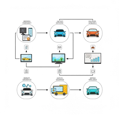 Digital workflow diagram showing steps for car photo editing, no text, no words, no typography, clean image