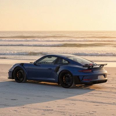 Luxury sports car parked on a sandy beach at golden hour, waves gently crashing in the background, no text, no words, no typography, 8K, natural lighting