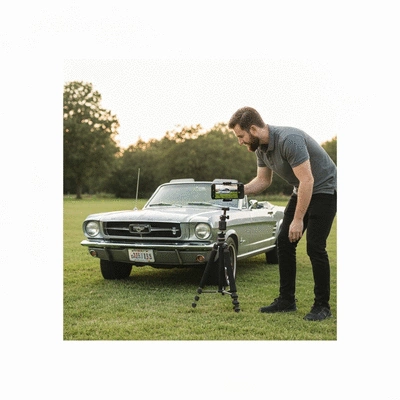 Beginner car photographer using an affordable mobile gear kit, featuring a smartphone on a compact tripod, capturing a classic car in a well-lit outdoor setting, no text, no words, no typography, 8K