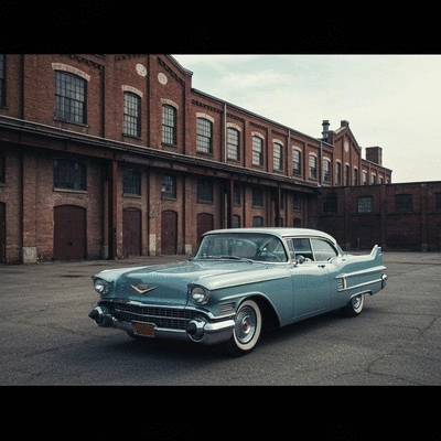 Classic car parked in an industrial park, brick warehouse in background, dramatic lighting, no text, no words, no typography, 8K, cinematic