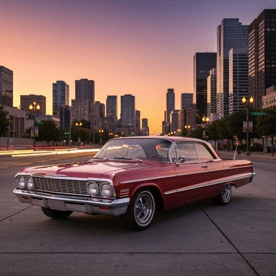 Classic car parked in an urban setting at sunset, with city lights in the background