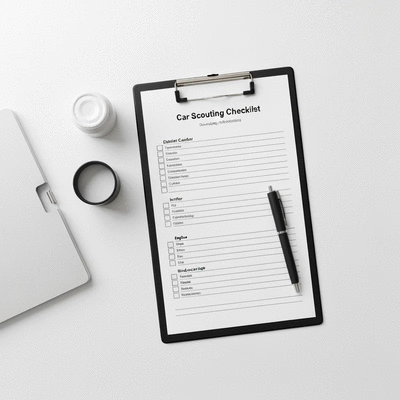 Detailed car photography scouting checklist on a clipboard with a pen, clean image, no text, no words, no typography