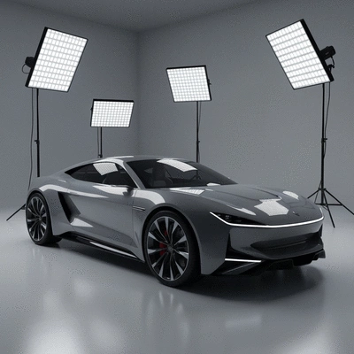 Professional car photography lighting setup with softboxes and LED panels