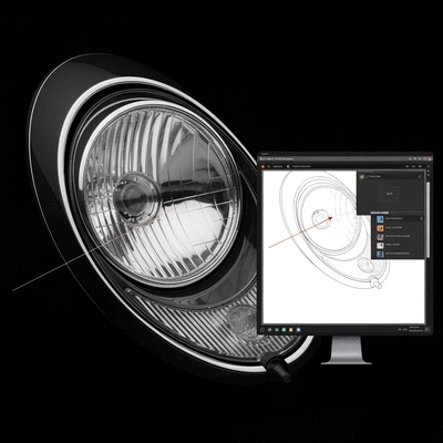Detailed shot of a classic sports car's headlight, with a visible selection mask in Lightroom on a computer screen, emphasizing precision editing.