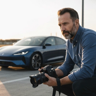 Professional photographer scouting a unique urban location for car photography