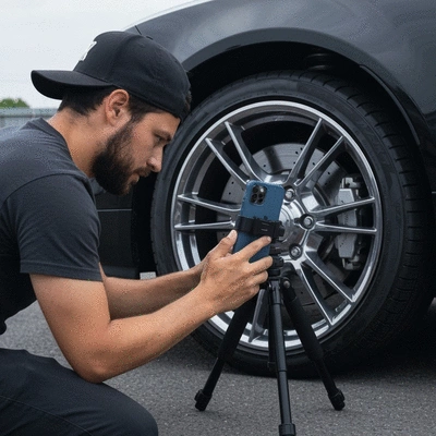 Photographer using a smartphone with external lighting and a tripod to capture a car detail, in a professional setting, clean image, no text, no words, no typography, 8K