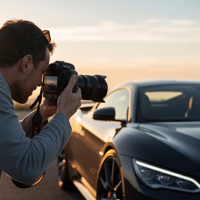 Person using a DSLR camera to photograph a car at sunset, dynamic angle, no text, no words, no typography, clean image