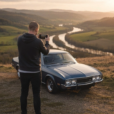 Car enthusiast taking a photo of a classic car with a smartphone, golden hour, no text, no words, no typography, clean image