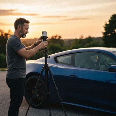 Professional car photographer setting up mobile gear kit with a smartphone on a tripod, capturing a sleek car at sunset, no text, no words, no typography, 8K