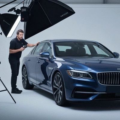 Professional photographer using light shaping tools to photograph a luxury car, clean image